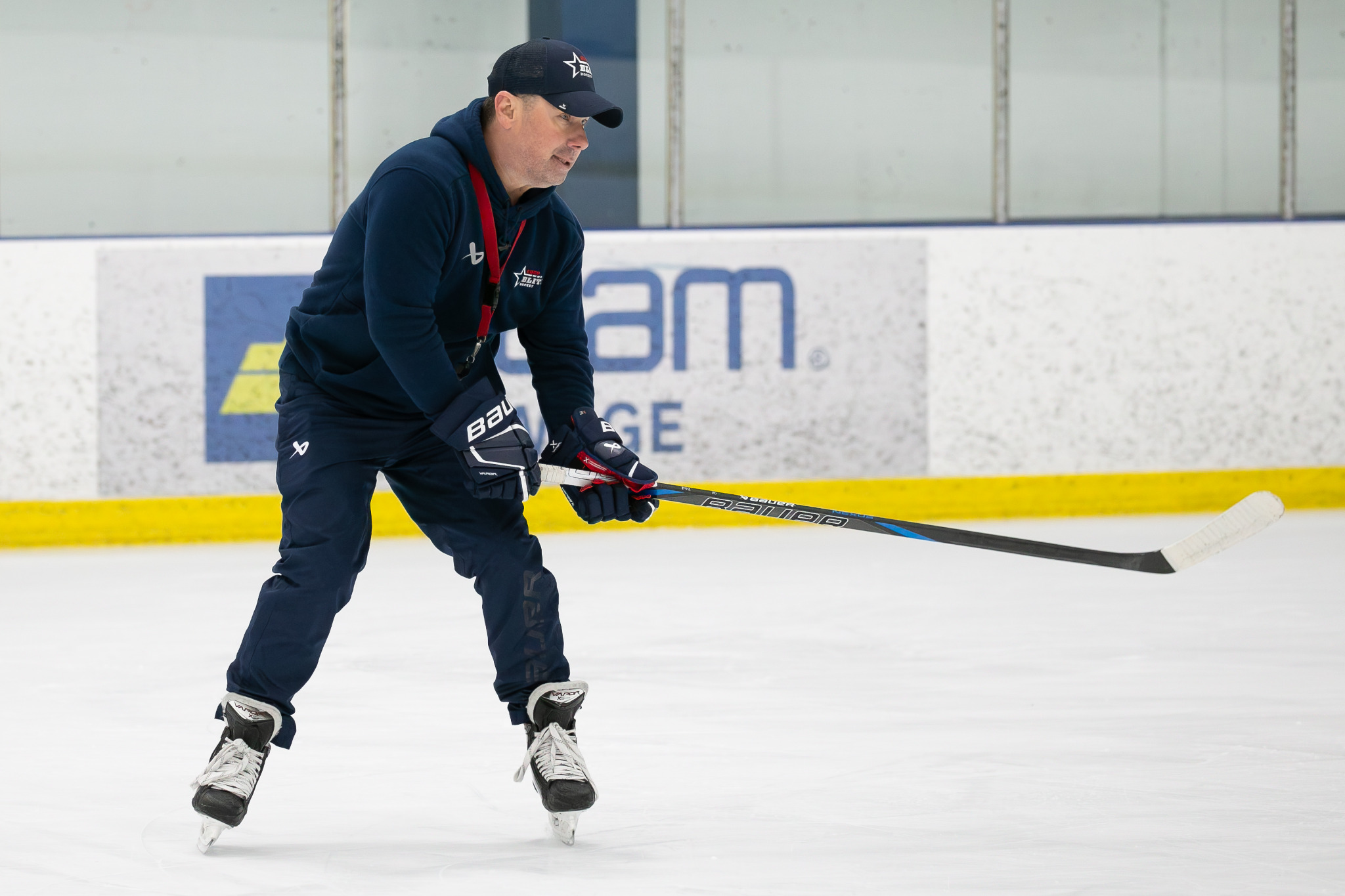 Coach Guido Lamberti-Charles on the ice during a Euro Elite Hockey Development training session