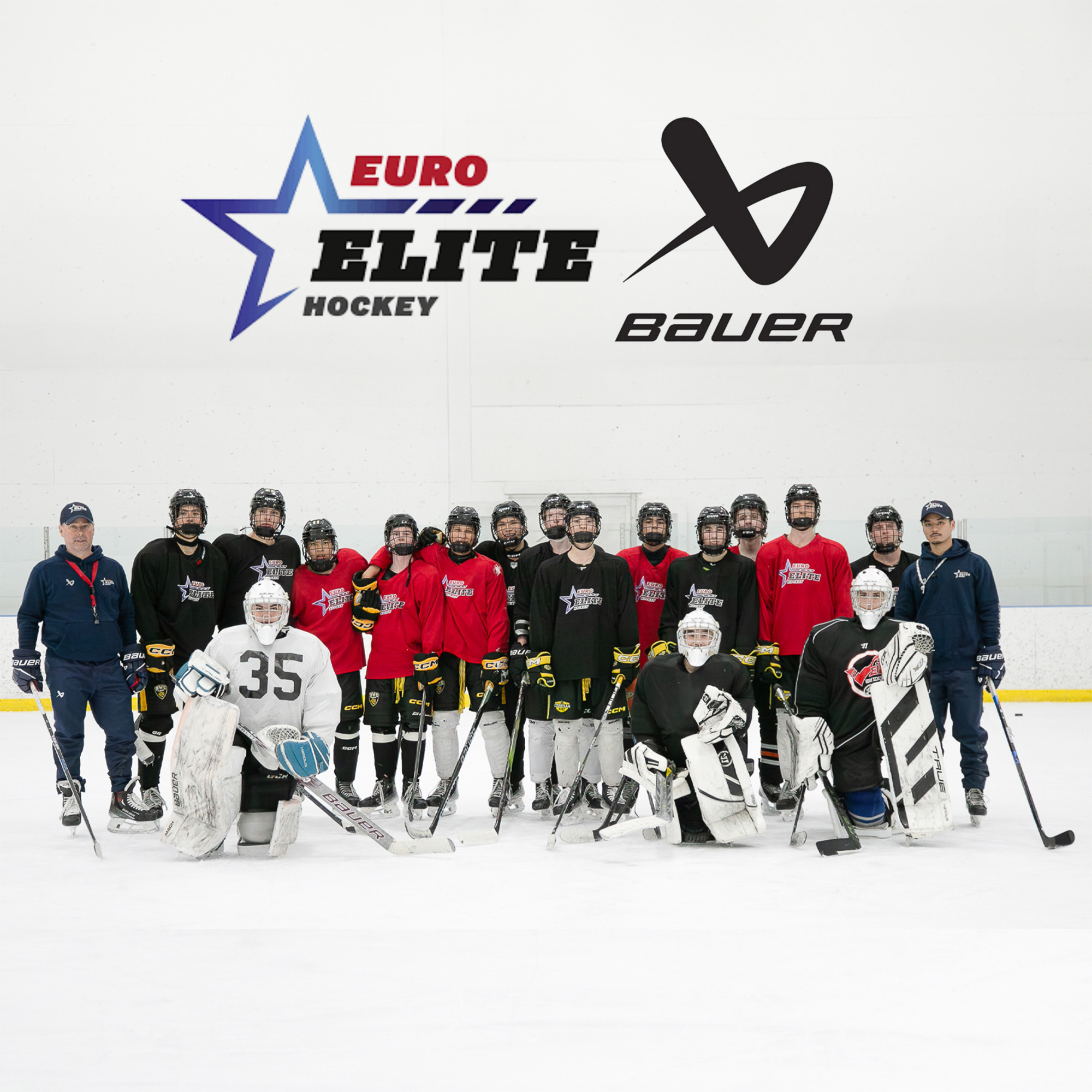 Euro Elite Hockey players and coaches together at an on-ice development session